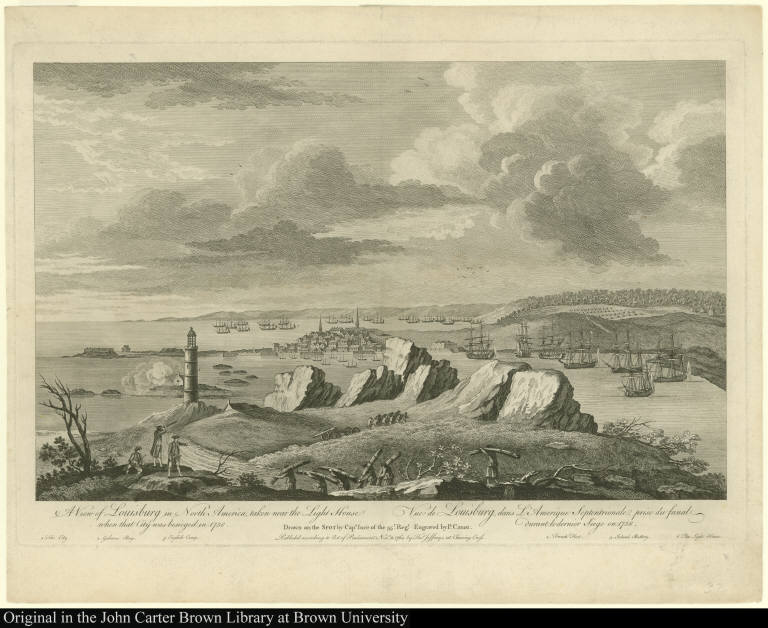 A View of Louisburg in North America, taken near the Light House when that City was besieged in 1758. Vue de Louisburg, dans L'Amerique Septentrionale, prise du fanal durant le dernier Siege en 1758.