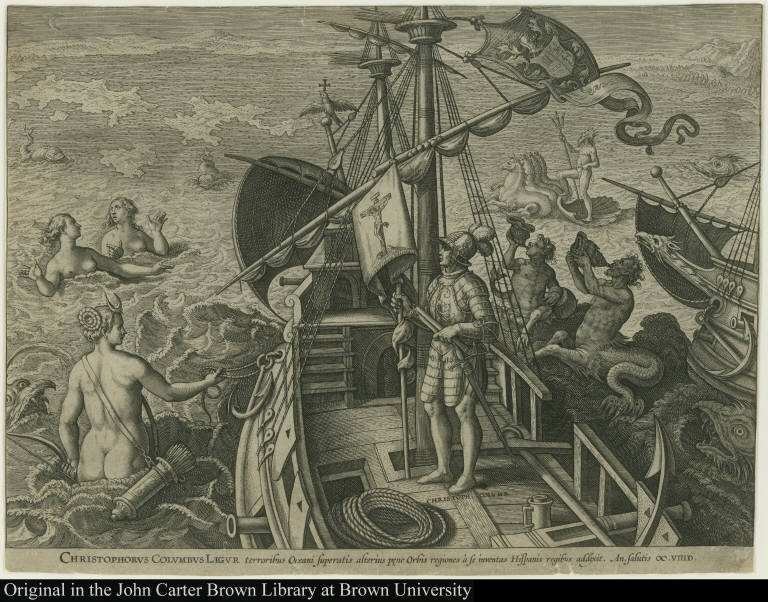 Christophorus Columbus Ligur Terroribus Oceani superatis alterius pene Orbis regiones à se inventas Hispanis regibus addixit An. salutis