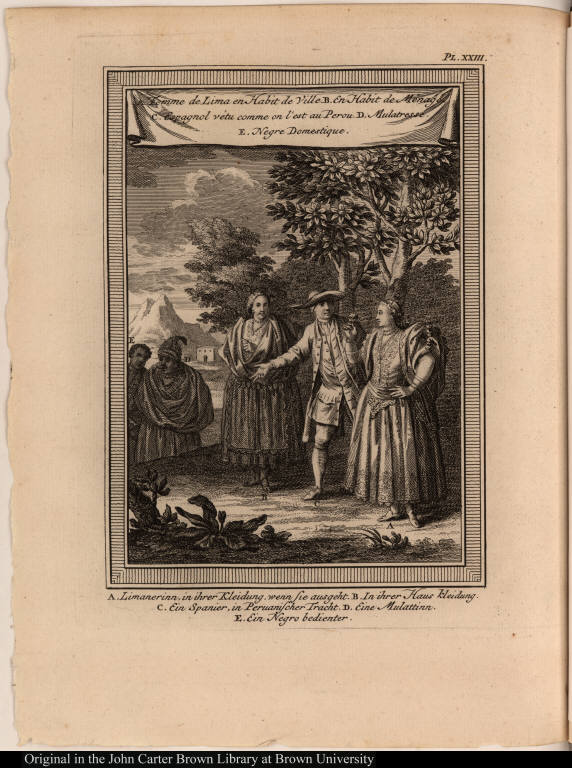 1. Femme de Lima en Habit de Ville. B. En Habit de Ménage. C. Espangnol vétu comme on l'est au Perou. D. Mulatresse. E. Negre Domestique.
