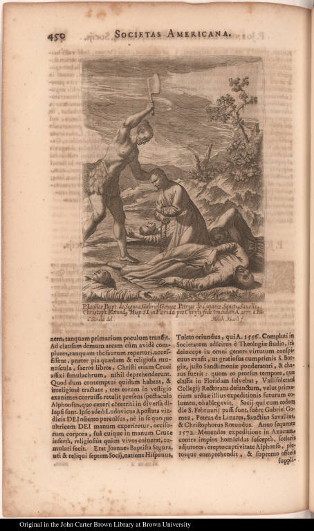 P. Ioanes Bapt: de Segura, Gabriel Gomez,Petrus de Linarez ... Hisp: S.I. in FLorida pro Christi fide trucidati A. 1571 8 Febr.
