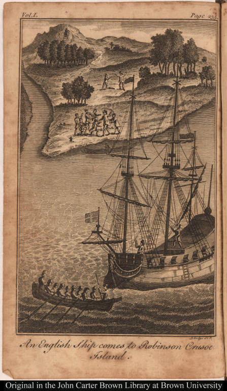 An English Ship comes to Robinson Crusoe Island.