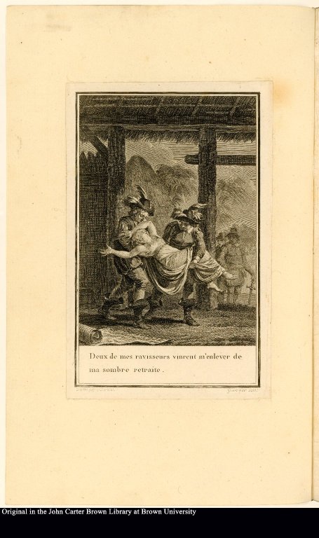 Deux de mes ravisseurs vinrent m'enlever de ma sombre retraite. [Zilia is taken by her captors]
