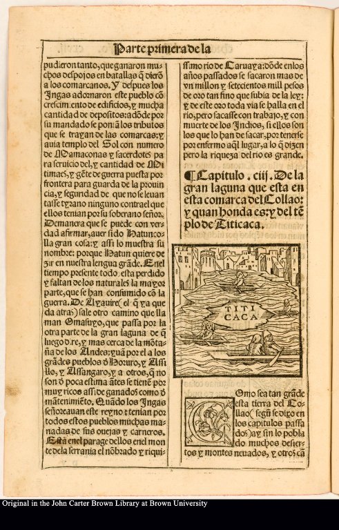 [De la gran laguna que esta en esta comarca del Collao: y quan honda es: y del te[m]plo de Titicaca]