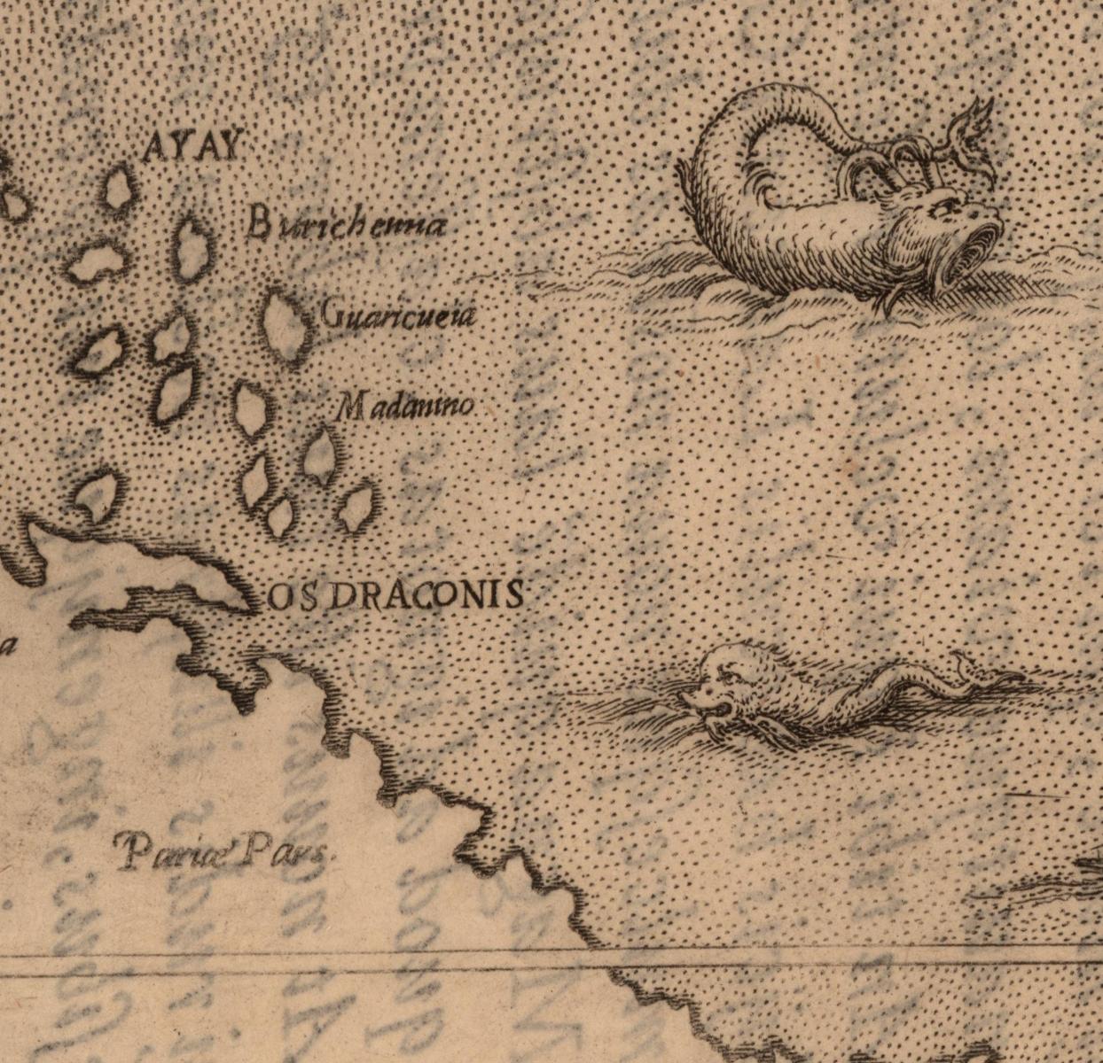 1583 map of Columbus Voyage with Mythical Sea Monsters, from the John Carter Brown Library