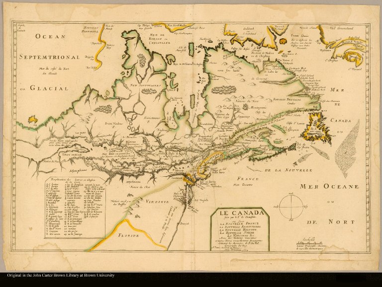 Le Canada faict par le Sr de Champlain. ou sont la Nouvelle France la Nouvelle Angleterre la Nouvelle Hollande la Nouvelle Suede la Virginie &c. Avec les nations voisines et autres terres nouvellement découvertes suivant les mémoires de P. Du Val géographe du Roy