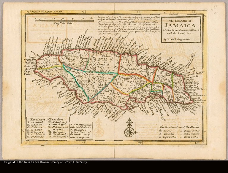 The island of Jamaica divided into its principal parishes with the roads &c. by H. Moll, Geographer