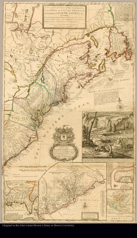 A new and exact map of the dominions of the King of Great Britain on ye continent of North America containing Newfoundland, New Scotland, New England, New York, New Jersey, Pensilvania, Maryland, Virginia and Carolina according to the newest and most exact observations by Herman Moll, geographer