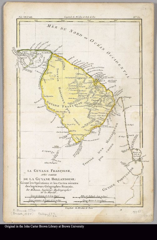 La Guyane françoise, avec partie de la Guyane Hollandoise suivant les opérations et les cartes récentes des Ingénieurs-Géographes françois par M. Bonne