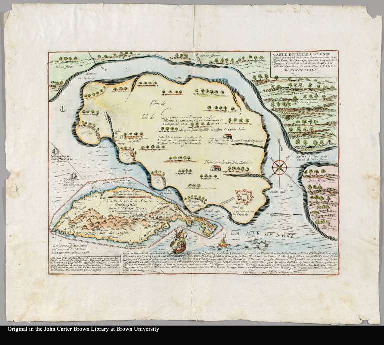 Carte de l'Isle Cayenne située à 5 degrés de latitude Septentrionale en la Terre-Ferme de l'Amérique appellée vulgairement Guaïane, Coste sauvage, Roïaume du Roy doré, païs des Amazones, et aujourd'huy France Eqvinoctiale