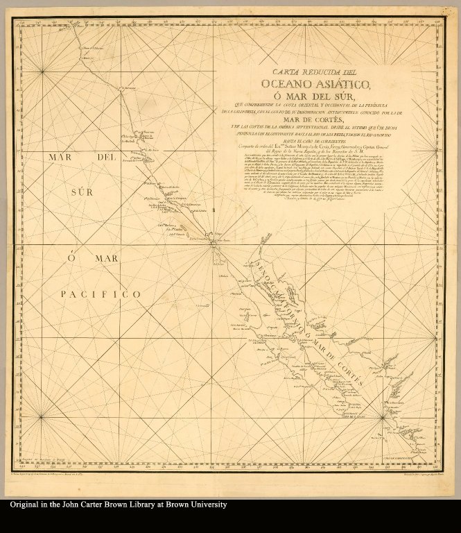 Carta reducida del Oceano Asiático, ó Mar del Sur que comprehende la costa oriental y occidental de la península de la California, ... compuesto de orden del ... Marqués de Croix, ... Mexico, y octubre 30 de 1770 / Miguel Constansó