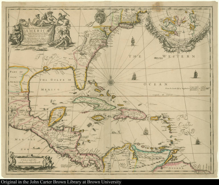 A New Map of the English Plantations in America, both Continent and Ilands, Shewing their true Situation and distance, from England or one with another