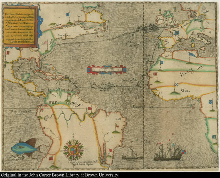 The Famouse West Indian voyadge made by the Englishe fleete of 23 shippes and Barkes wherin weare gotten the Townes of St. Iago: Sto. Domingo, Cartagena and St. Augustines ... Newlie come forth by Baptista B.