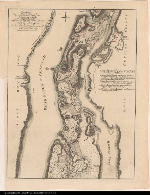 Grundriss des nördlichen Theils der Neujorks Insel nebst den am 16. Novbr. 1776 eroberten Fort Washington nun das Fort Knÿphausen genannt und dem Fort Lee