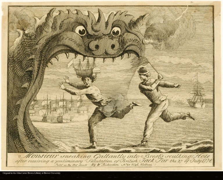 MONSIEUR SNEAKING GALLANTLY INTO BREST'S SKULKING HOLE AFTER RECEIVING A PRELIMINARY SALUTATION OF BRITISH JACK TAR THE 27 OF JULY 1778.
