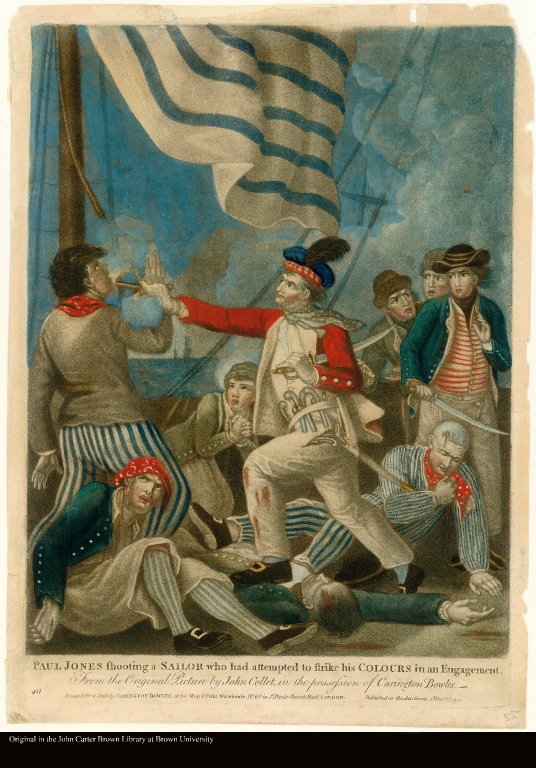 Paul Jones shooting a sailor who had attempted to strike his colours in an engagement.