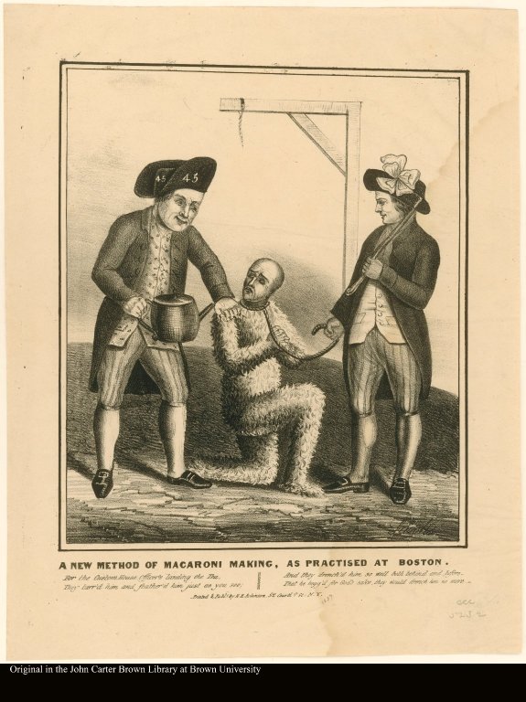 A NEW METHOD OF MACARONY MAKING, AS PRACTICED AT BOSTON. [BOSTONIANS PAYING THE EXCISEMAN, OR TARRING AND FEATHERING]